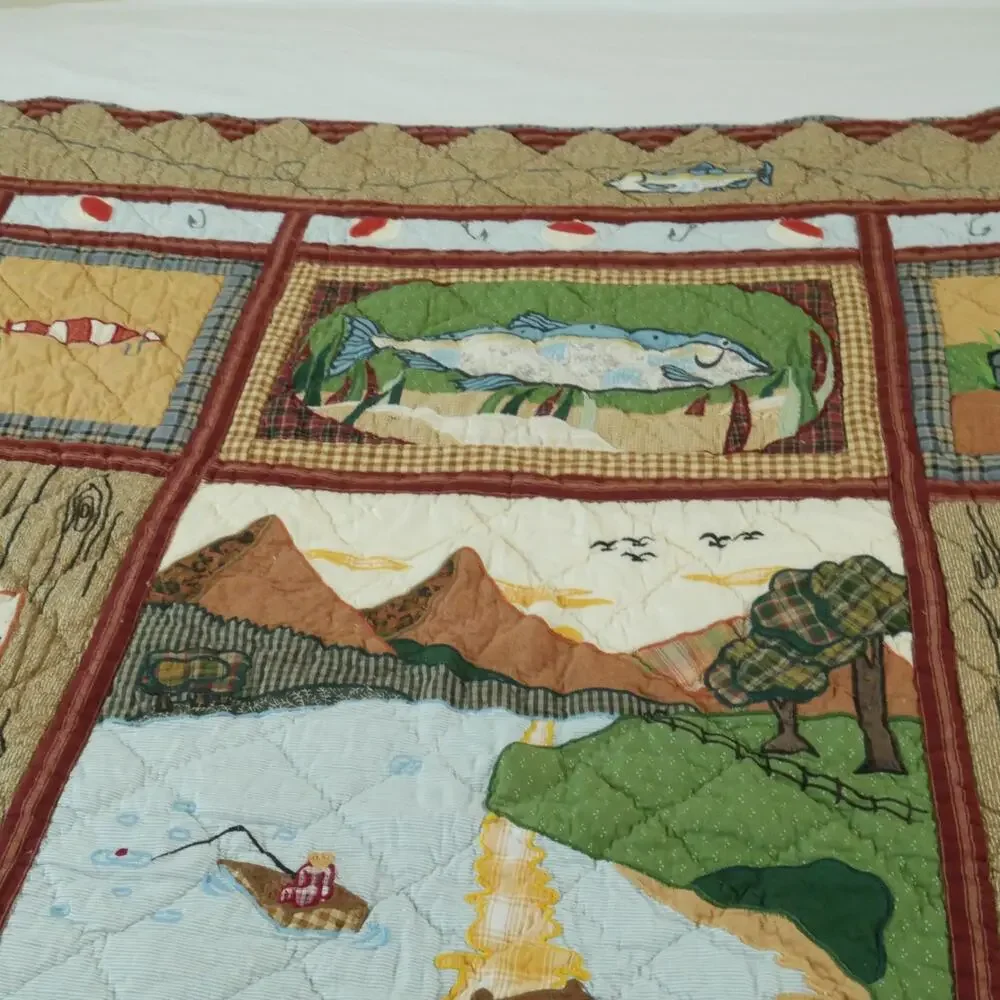 Vintage Applique‎ Fishing Quilt Man Cave Cabin Outdoor Novelty Patch Magic 58x49